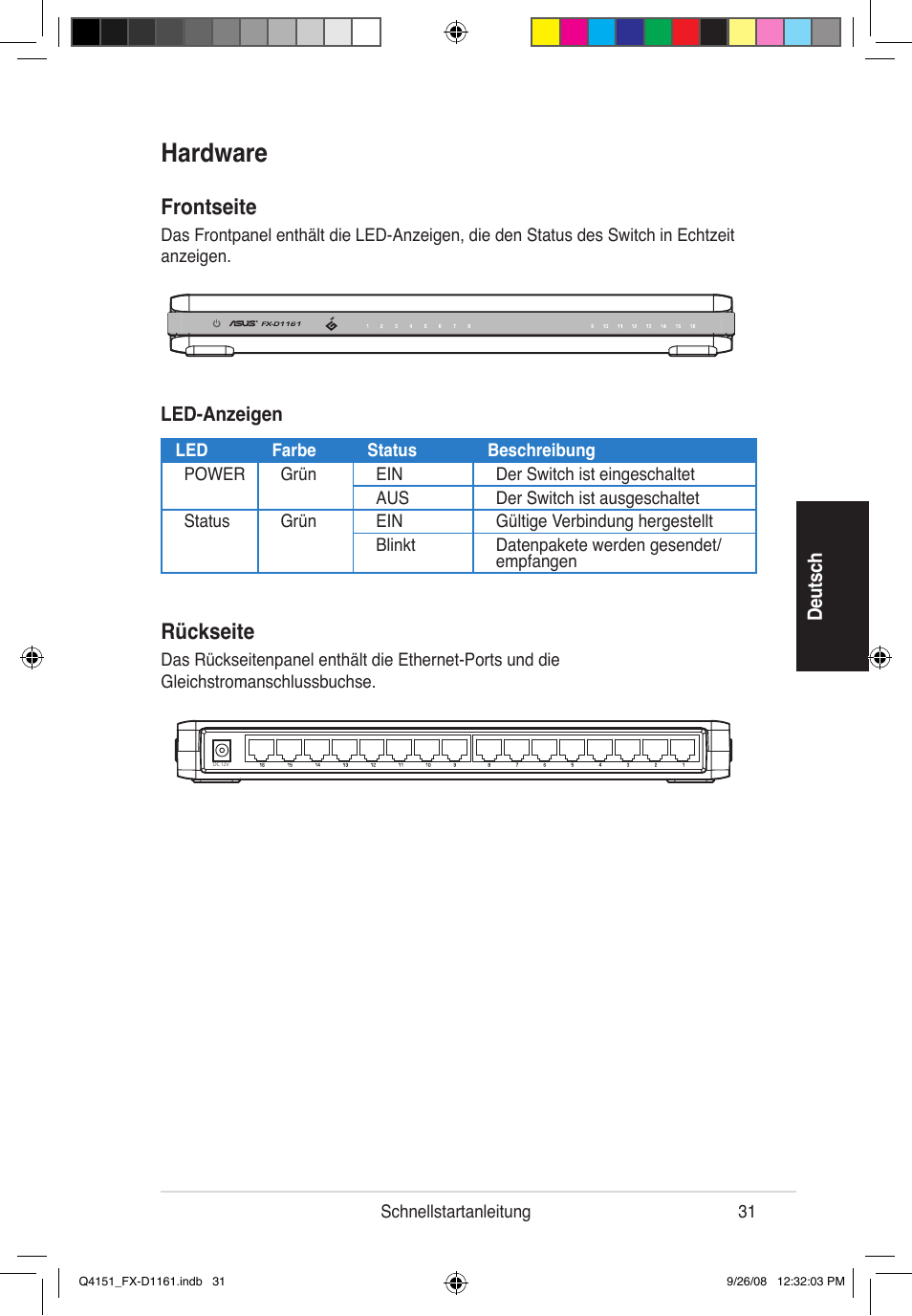 Hardware, Frontseite, Rückseite | Asus FX-D1161 User Manual | Page 32 / 87