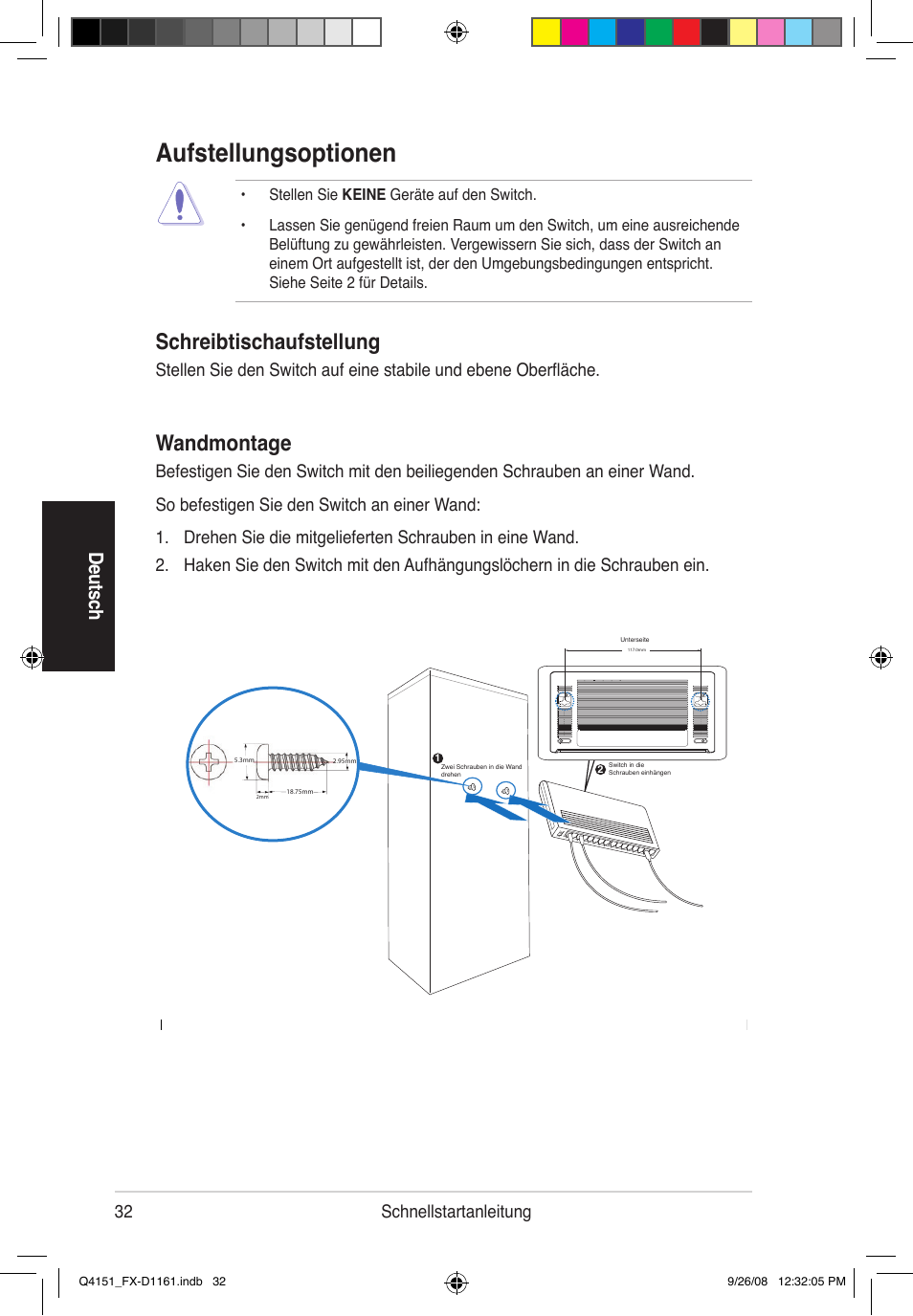 Aufstellungsoptionen, Wandmontage, Schreibtischaufstellung | De uts ch, 32 schnellstartanleitung | Asus FX-D1161 User Manual | Page 33 / 87