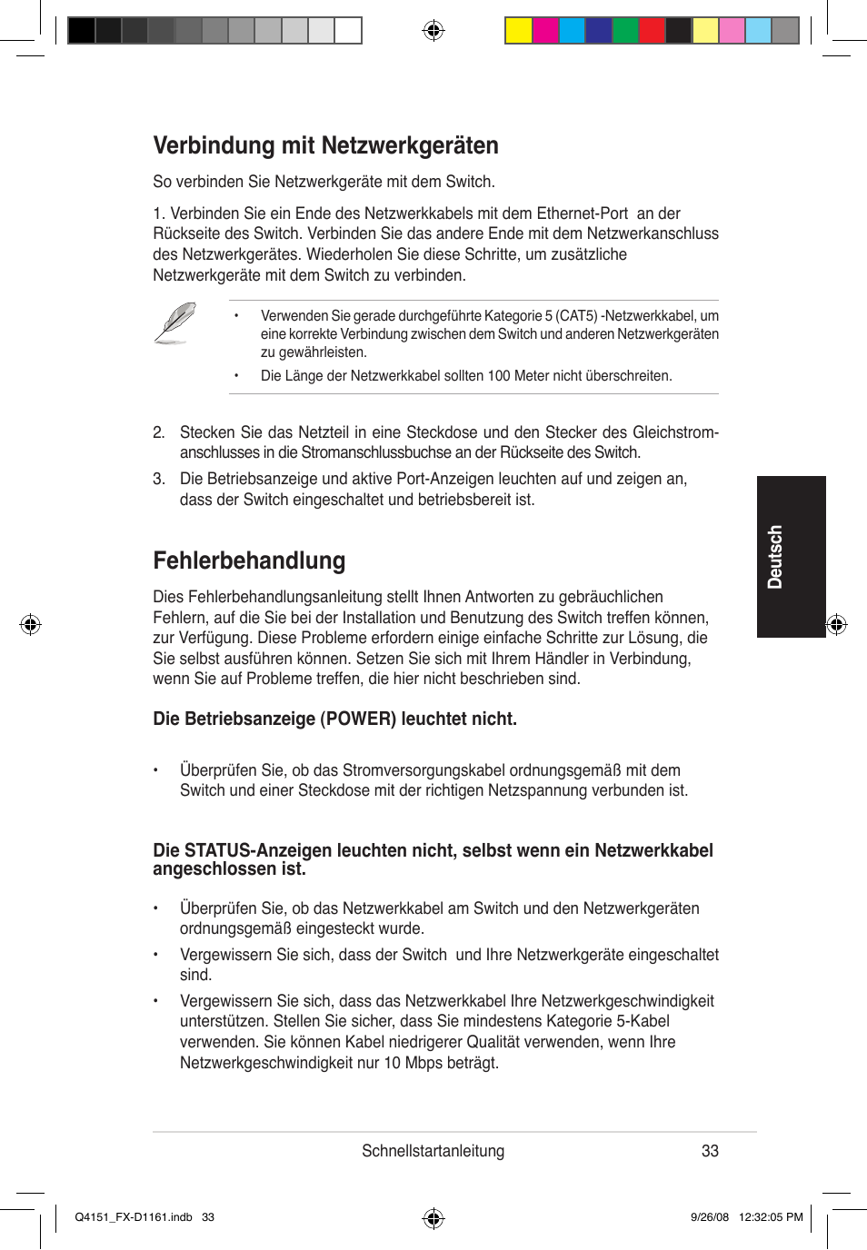 Verbindung mit netzwerkgeräten, Fehlerbehandlung | Asus FX-D1161 User Manual | Page 34 / 87