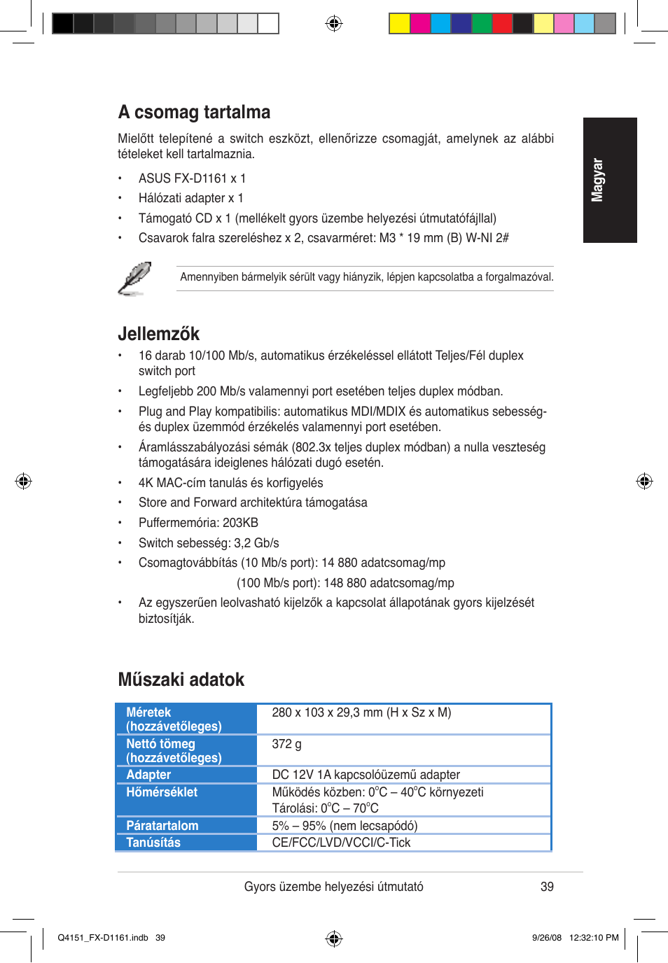 A csomag tartalma, Jellemzők, Műszaki adatok | Asus FX-D1161 User Manual | Page 40 / 87