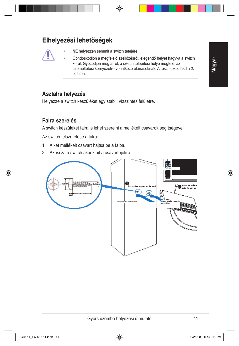 Elhelyezési lehetőségek, Falra szerelés, Asztalra helyezés | Mag ya r | Asus FX-D1161 User Manual | Page 42 / 87