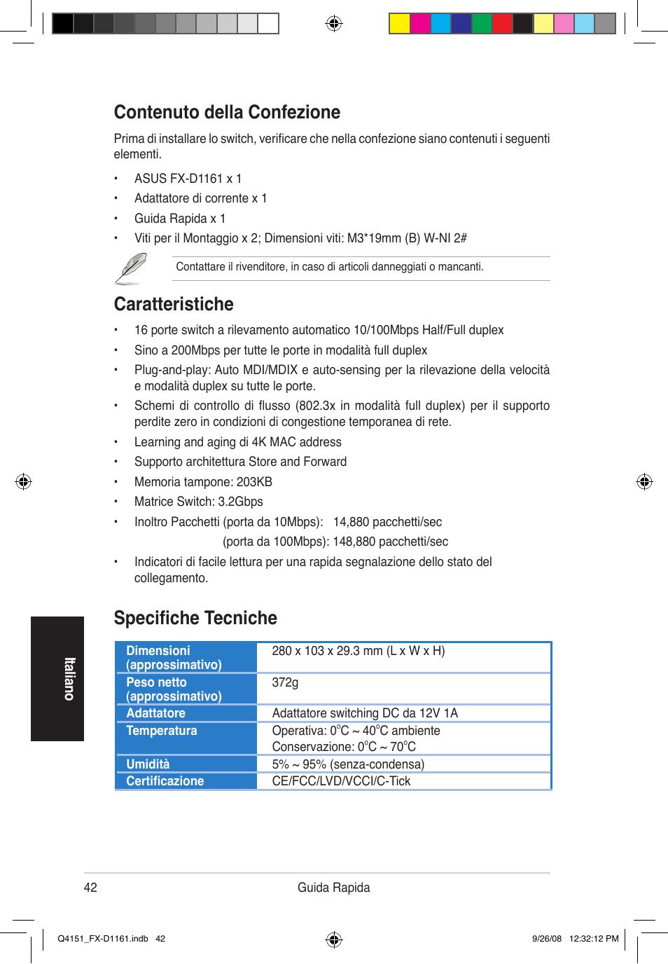 Contenuto della confezione, Caratteristiche, Specifiche tecniche | Asus FX-D1161 User Manual | Page 44 / 87