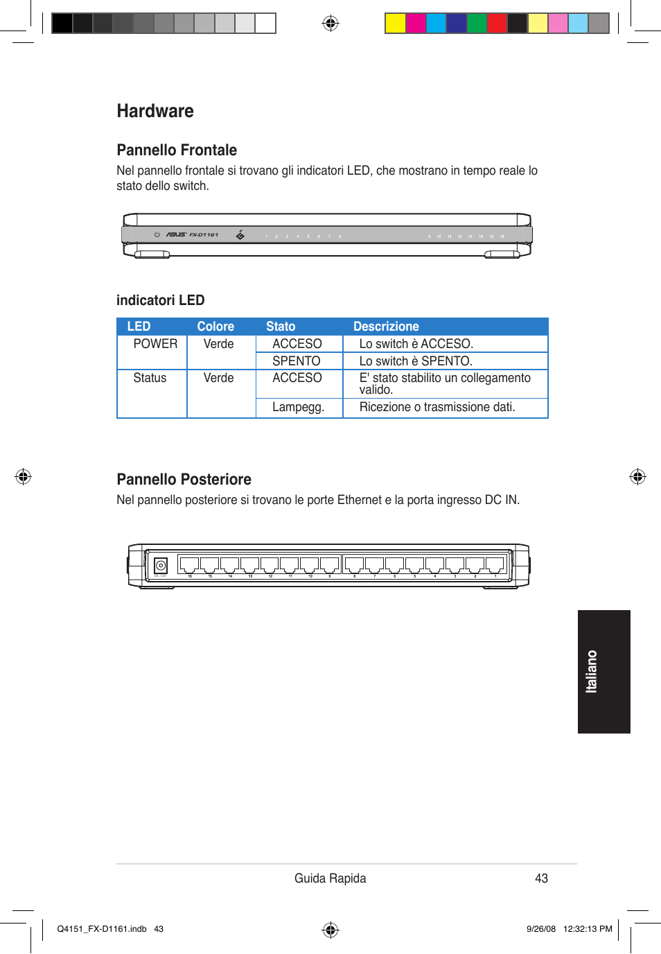 Hardware, Pannello frontale, Pannello posteriore | Asus FX-D1161 User Manual | Page 45 / 87