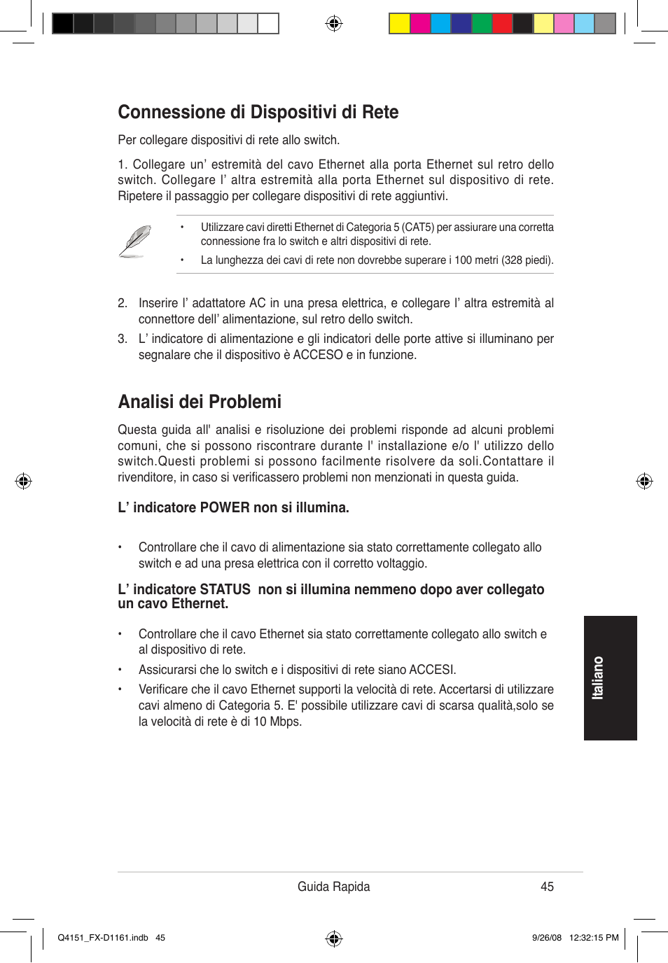 Connessione di dispositivi di rete, Analisi dei problemi | Asus FX-D1161 User Manual | Page 47 / 87