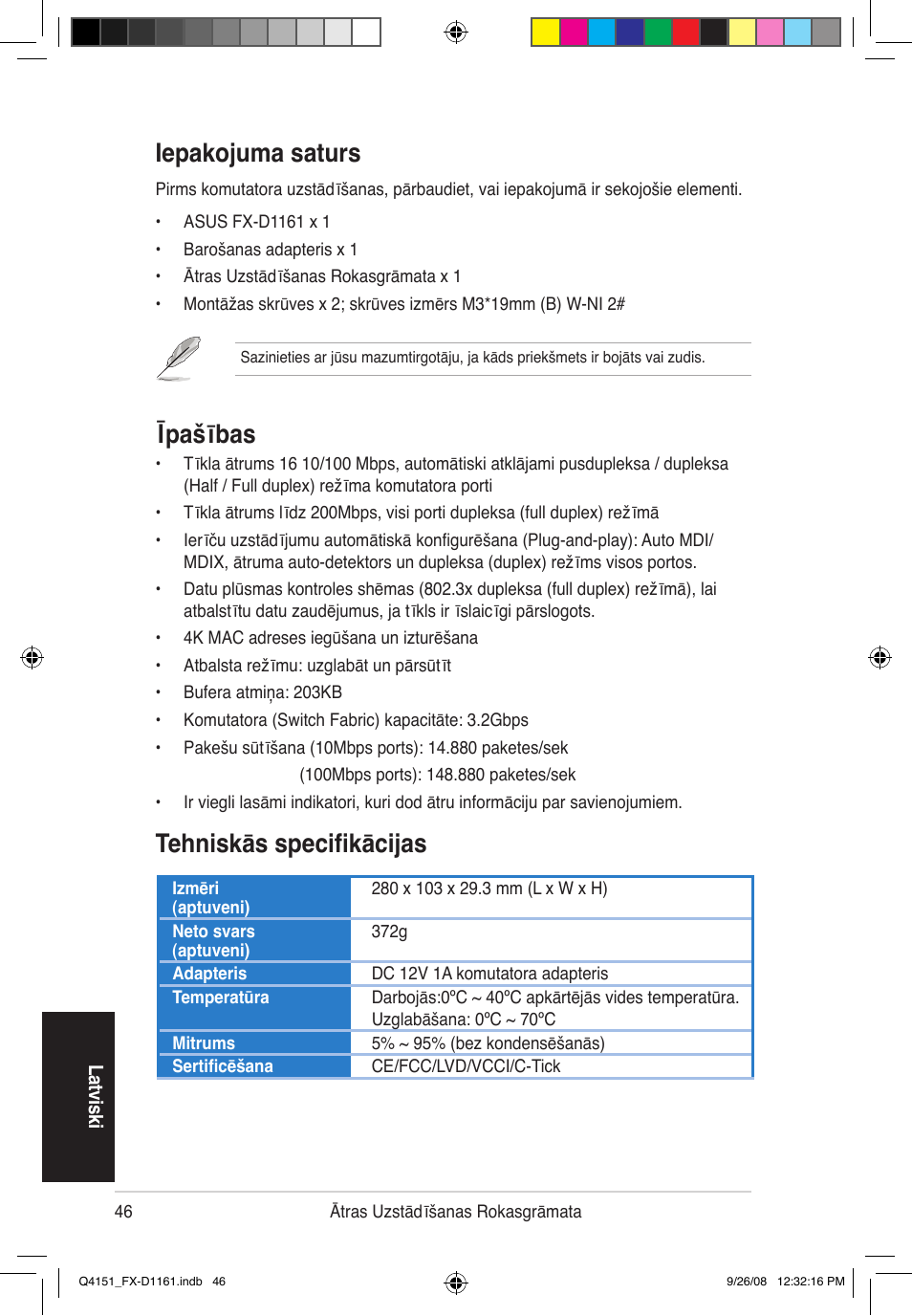 Iepakojuma saturs, Īpašības, Tehniskās specifikācijas | Asus FX-D1161 User Manual | Page 48 / 87