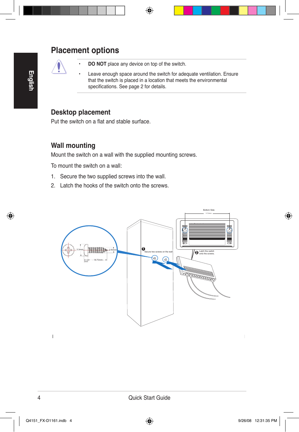 Placement options, Wall mounting, Desktop placement | En glis h, 4quick start guide, Put the switch on a flat and stable surface | Asus FX-D1161 User Manual | Page 5 / 87