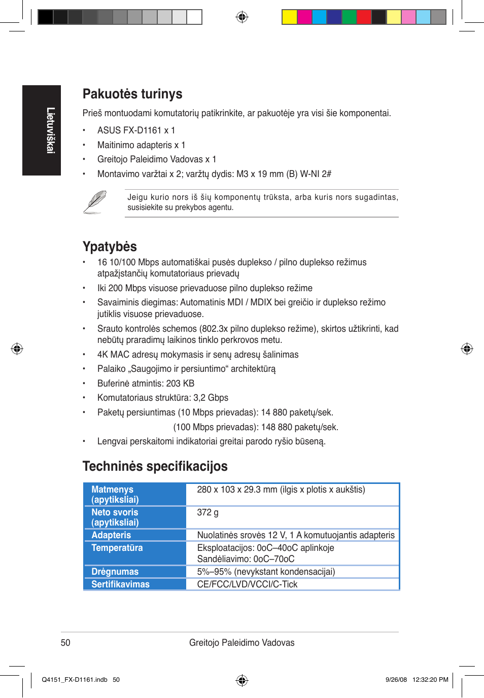 Pakuotės turinys, Ypatybės, Techninės specifikacijos | Asus FX-D1161 User Manual | Page 52 / 87