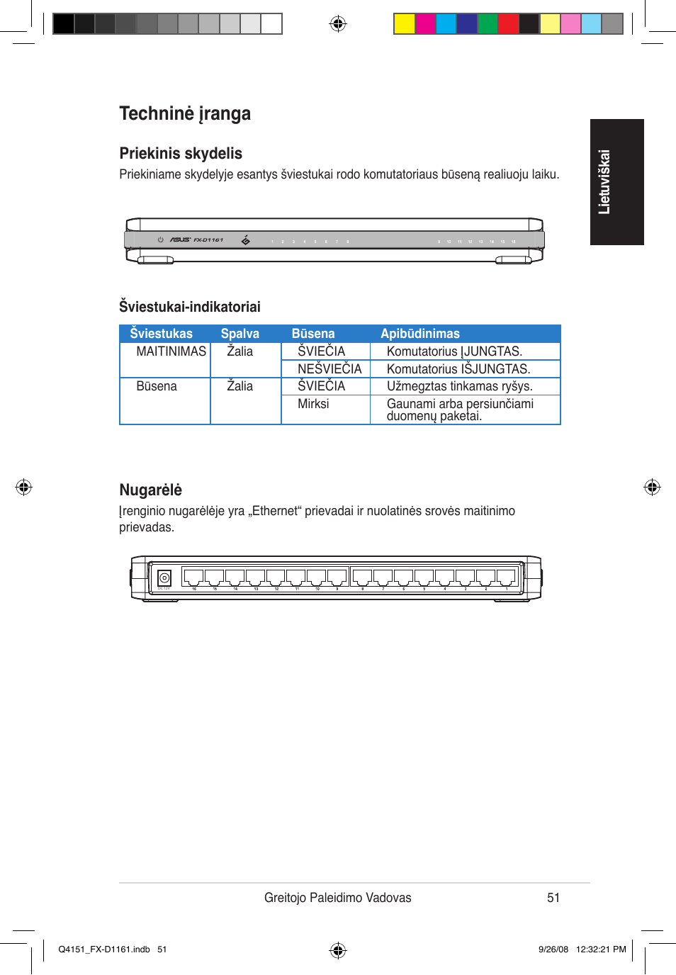 Techninė įranga, Priekinis skydelis, Nugarėlė | Asus FX-D1161 User Manual | Page 53 / 87