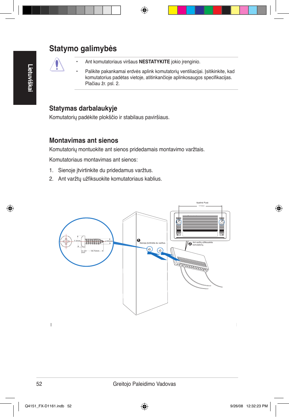 Statymo galimybės, Montavimas ant sienos, Statymas darbalaukyje | Lie tuv išk ai, 52 greitojo paleidimo vadovas | Asus FX-D1161 User Manual | Page 54 / 87