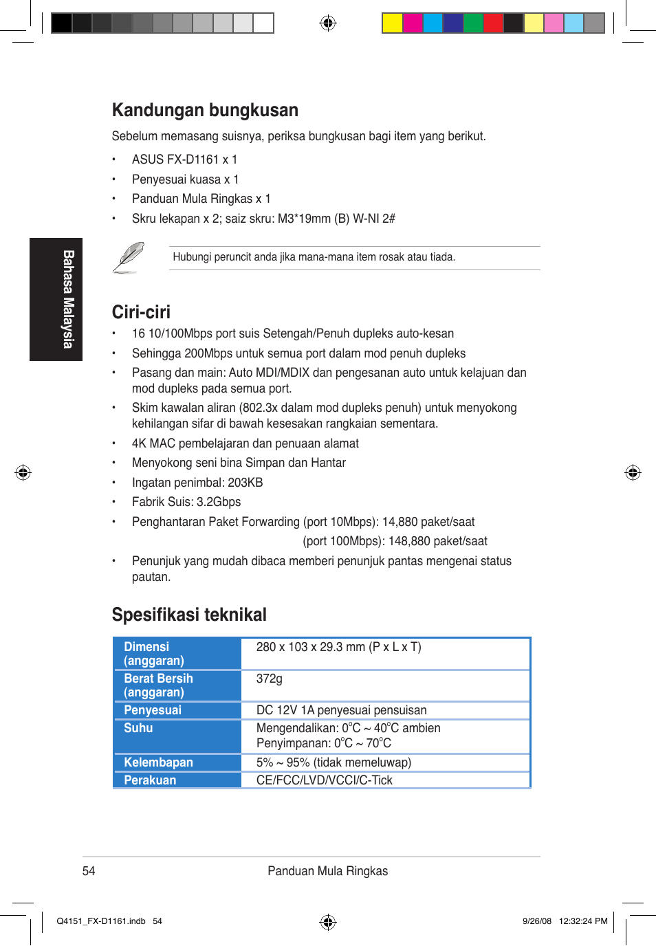 Kandungan bungkusan, Ciri-ciri, Spesifikasi teknikal | Asus FX-D1161 User Manual | Page 56 / 87