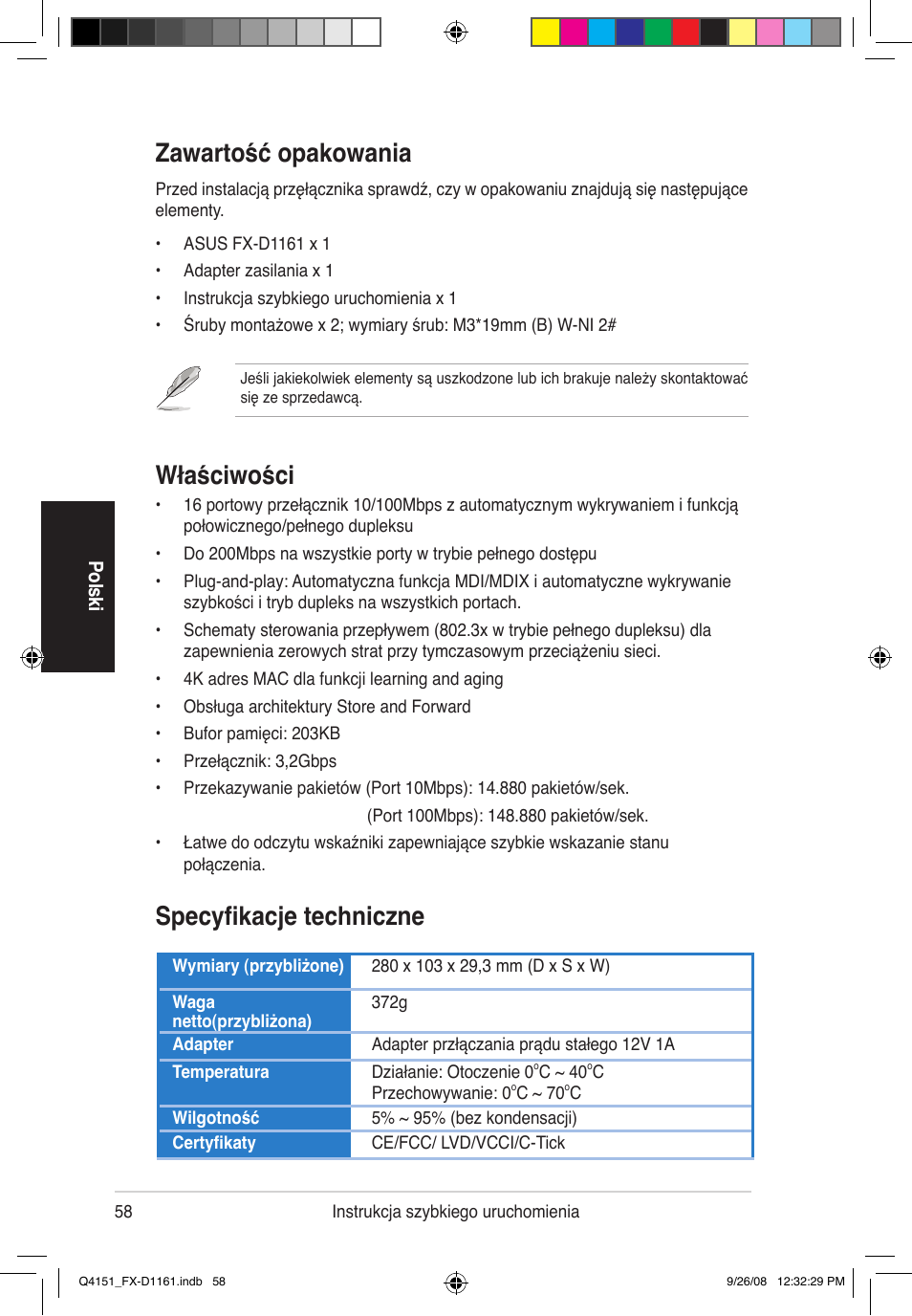 Zawartość opakowania, Właściwości, Specyfikacje techniczne | Asus FX-D1161 User Manual | Page 60 / 87