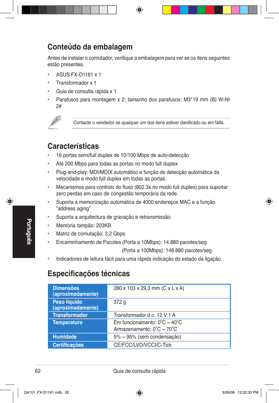 Conteúdo da embalagem, Características, Especificações técnicas | Asus FX-D1161 User Manual | Page 64 / 87