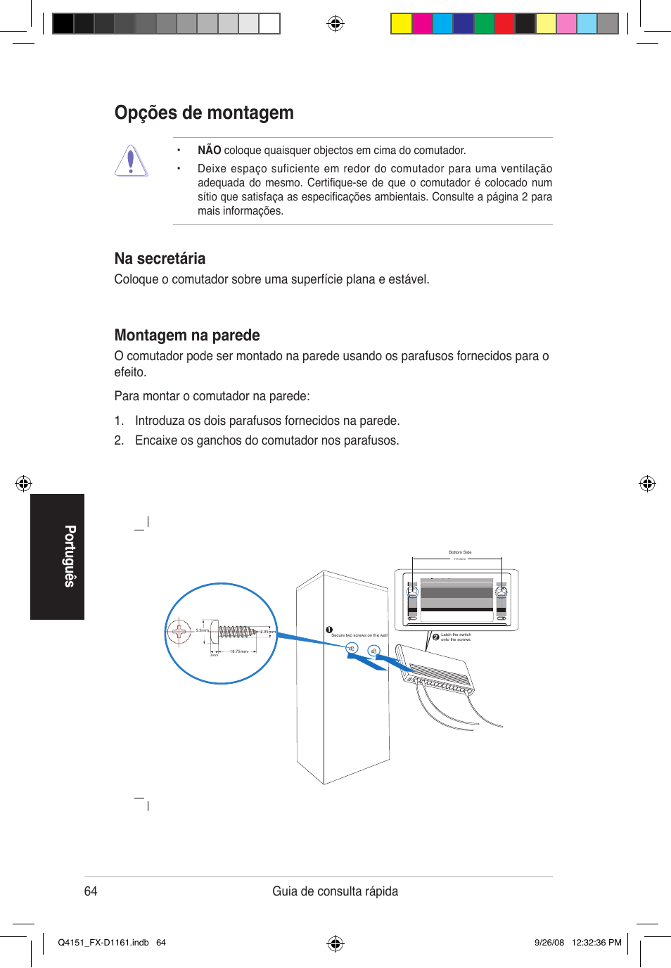 Opções de montagem, Montagem na parede, Na secretária | Po rtu gu ês, 64 guia de consulta rápida | Asus FX-D1161 User Manual | Page 66 / 87