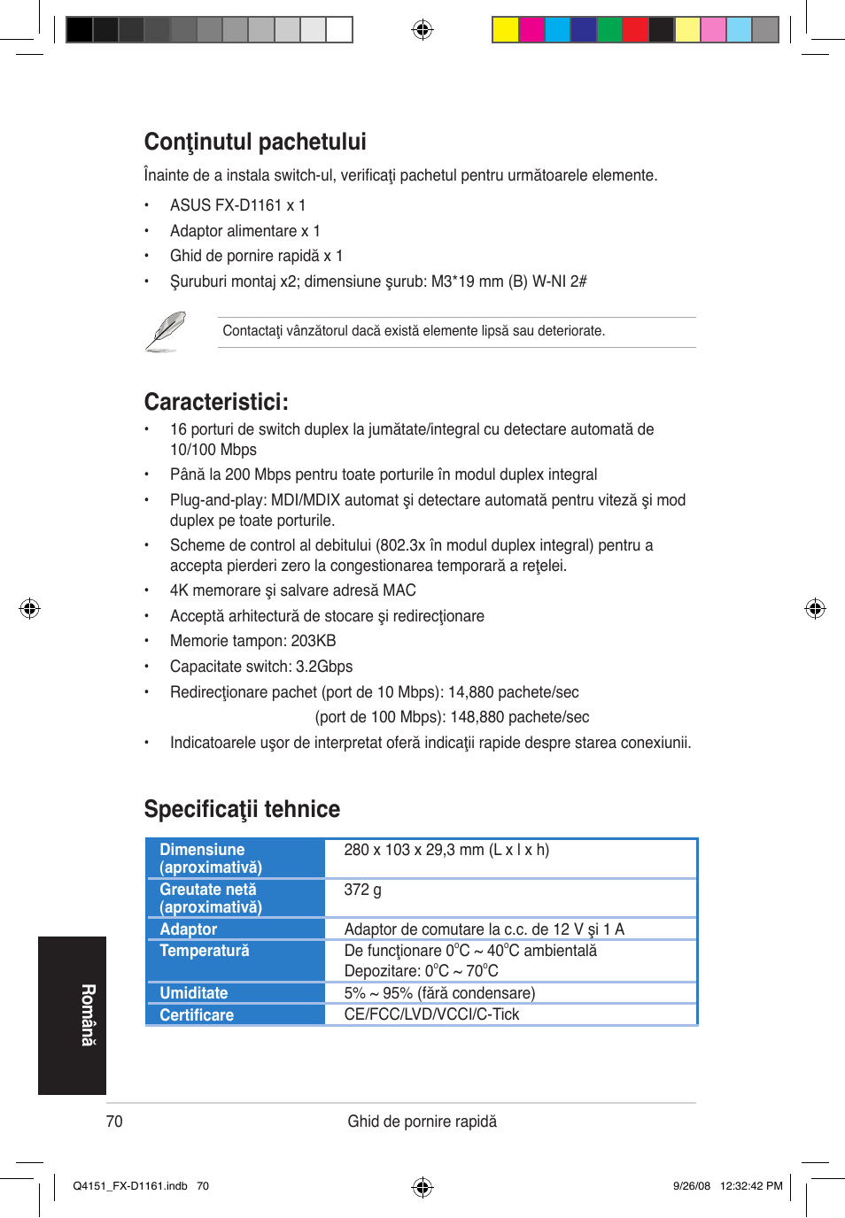 Conţinutul pachetului, Caracteristici, Specificaţii tehnice | Asus FX-D1161 User Manual | Page 72 / 87