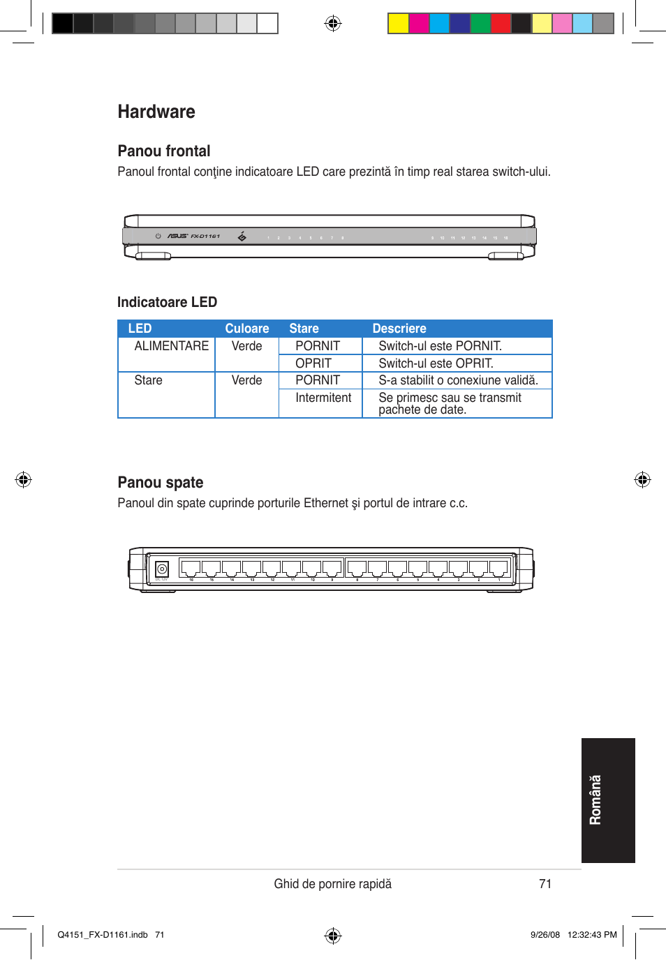 Hardware, Panou frontal, Panou spate | Asus FX-D1161 User Manual | Page 73 / 87