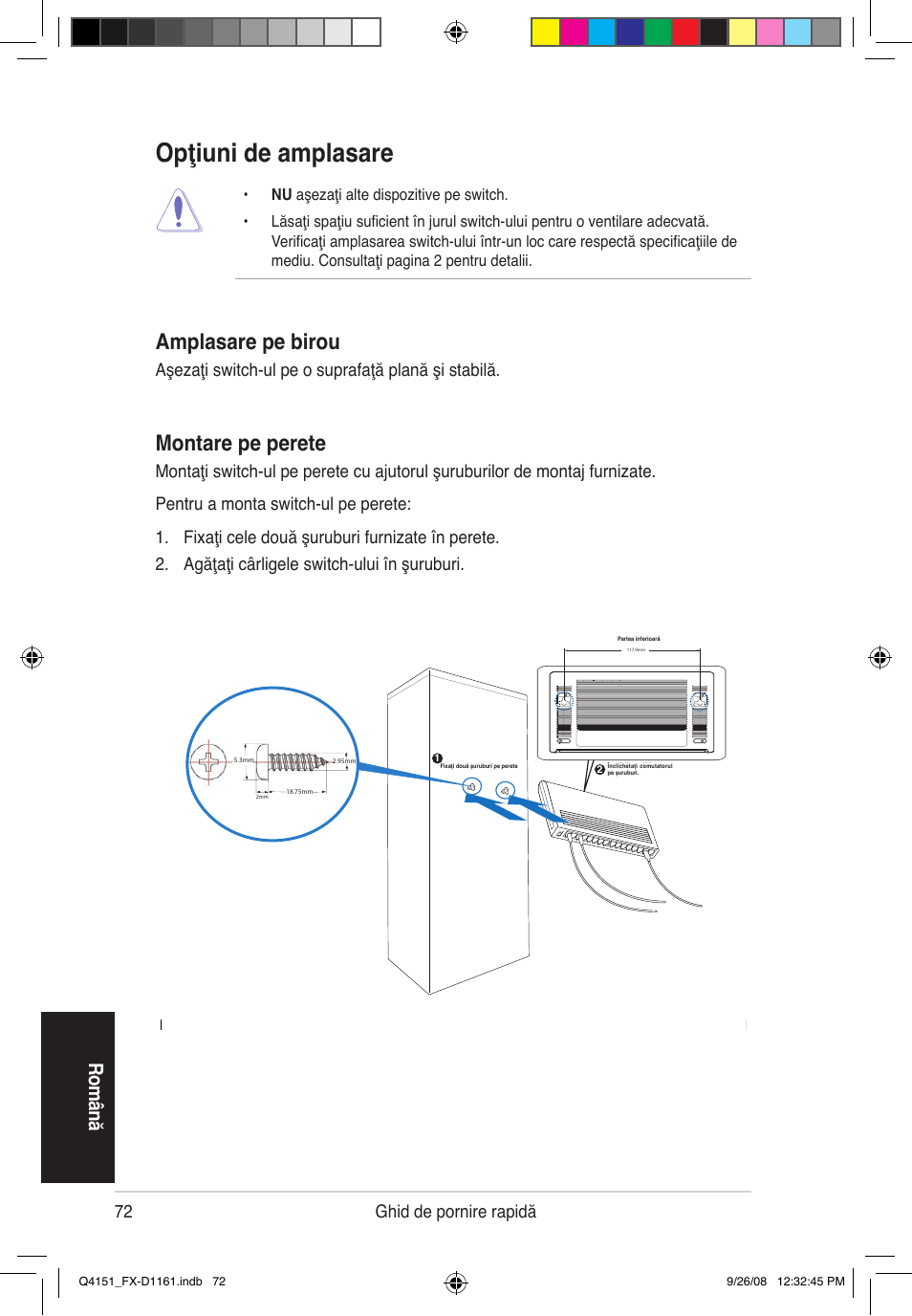 Opţiuni de amplasare, Montare pe perete, Amplasare pe birou | Ro m ân ă, 72 ghid de pornire rapidă, Aşezaţi switch-ul pe o suprafaţă plană şi stabilă | Asus FX-D1161 User Manual | Page 74 / 87