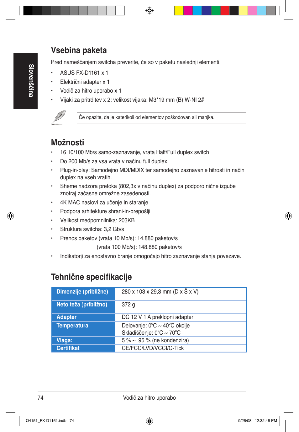 Vsebina paketa, Možnosti, Tehnične specifikacije | Asus FX-D1161 User Manual | Page 76 / 87