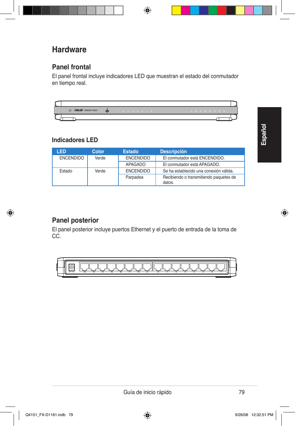 Hardware, Panel frontal, Panel posterior | Es pa ño l, Indicadores led | Asus FX-D1161 User Manual | Page 81 / 87