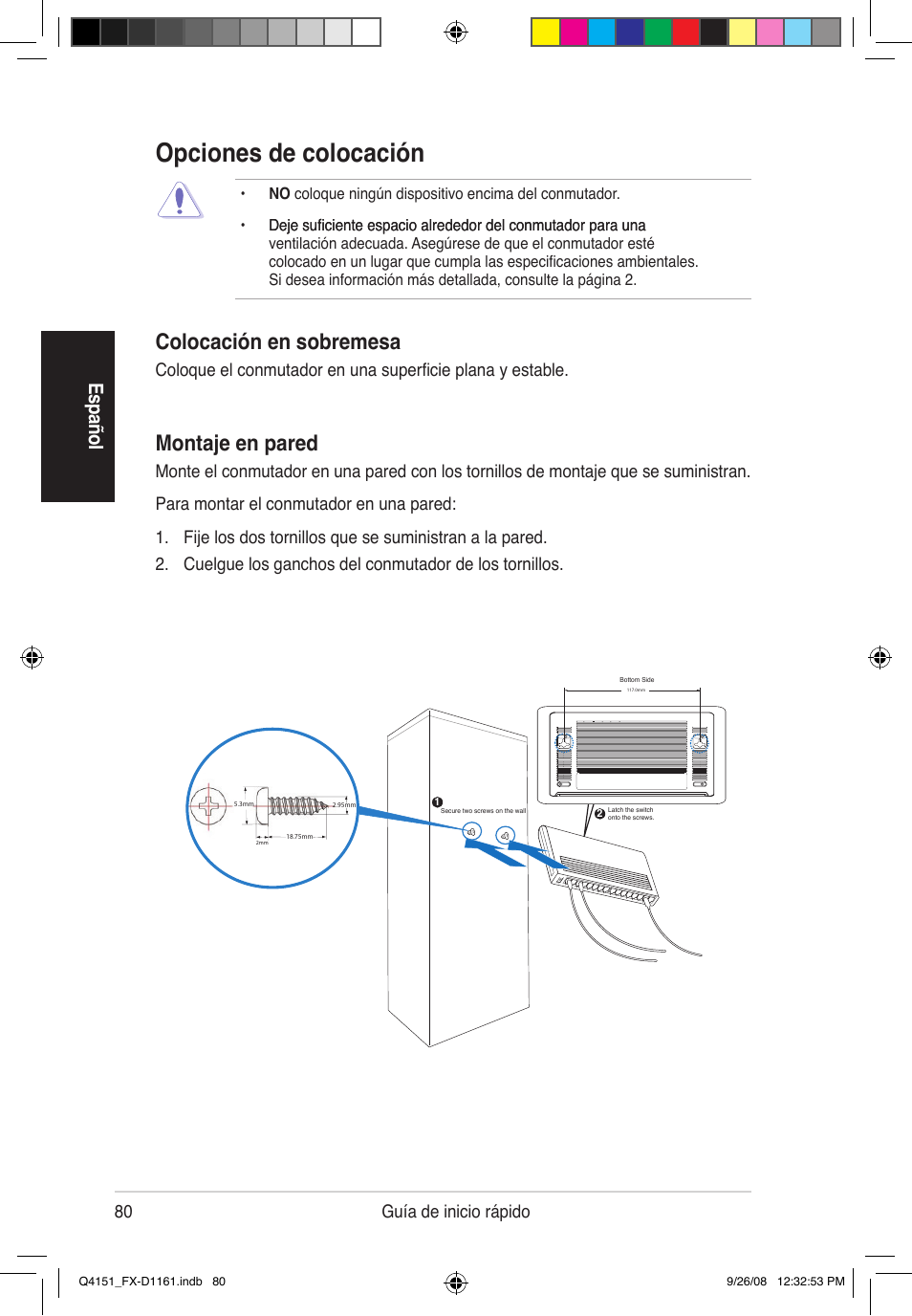 Opciones de colocación, Montaje en pared, Colocación en sobremesa | Es pa ño l, 80 guía de inicio rápido | Asus FX-D1161 User Manual | Page 82 / 87