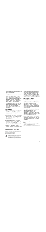 Risk of fire, Risk of burns, Risk of electric shock | Causes of damage, Caution, Damage from unsuitable accessories, Environmental protection | Neff N64K30N0 User Manual | Page 11 / 36