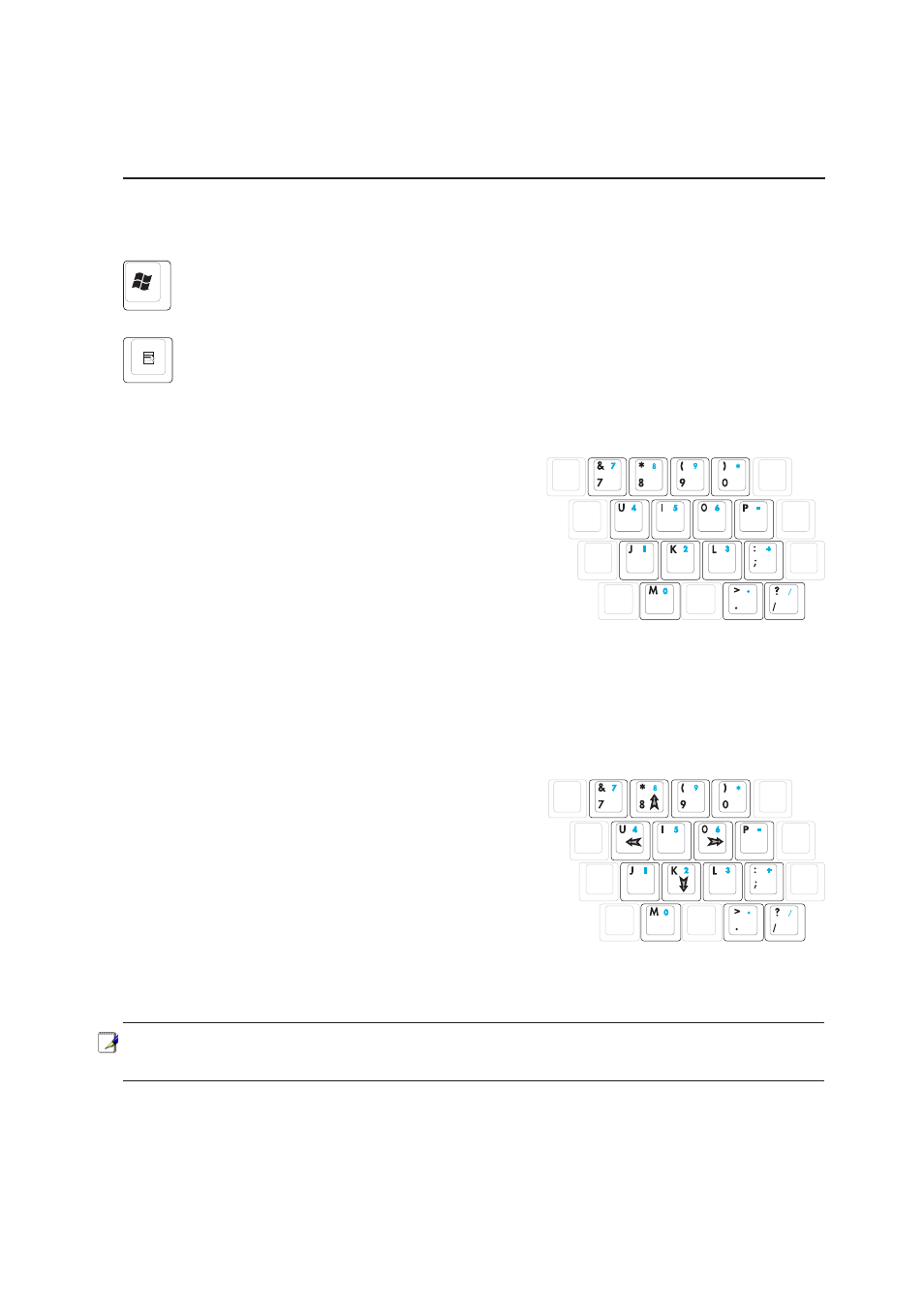 Microsoft windows keys, Keyboard as a numeric keypad, Keyboard as cursors | 27 getting started | Asus U5F User Manual | Page 27 / 71