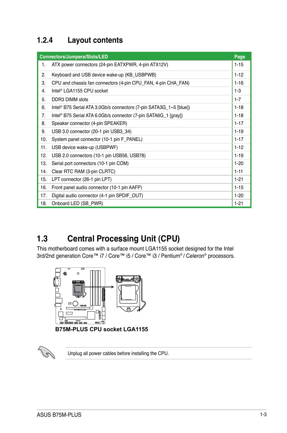 3 central processing unit (cpu), 3 central processing unit (cpu) -3, 4 layout contents | Asus B75M-PLUS User Manual | Page 11 / 69