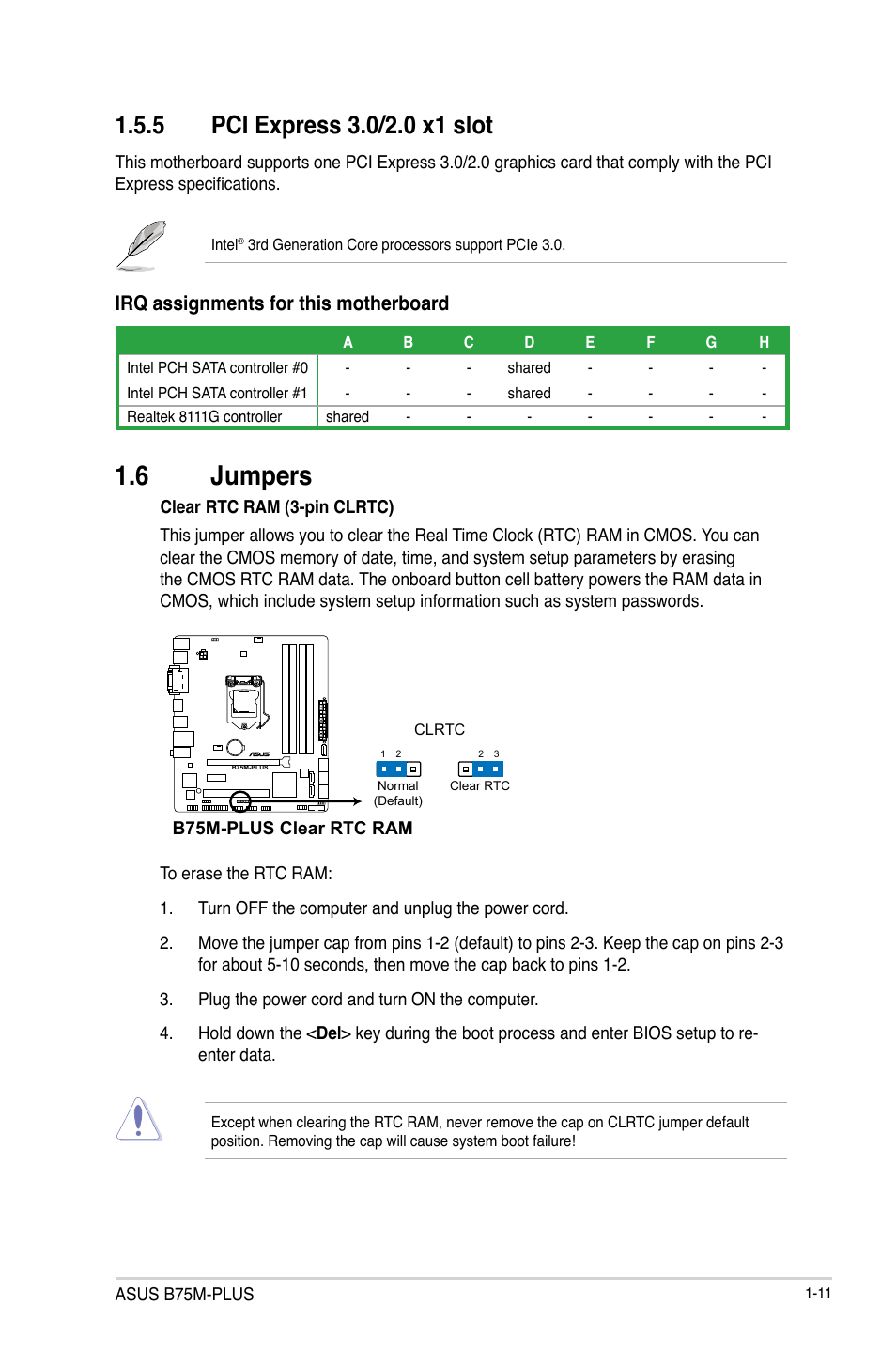 6 jumpers, 6 jumpers -11, Irq assignments for this motherboard | Asus B75M-PLUS User Manual | Page 19 / 69