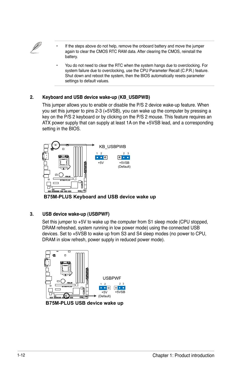 Chapter 1: product introduction, B75m-plus keyboard and usb device wake up, B75m-plus usb device wake up | Asus B75M-PLUS User Manual | Page 20 / 69