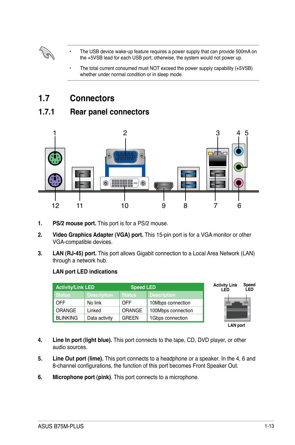 7 connectors, 7 connectors -13, 1 rear panel connectors | Asus B75M-PLUS User Manual | Page 21 / 69