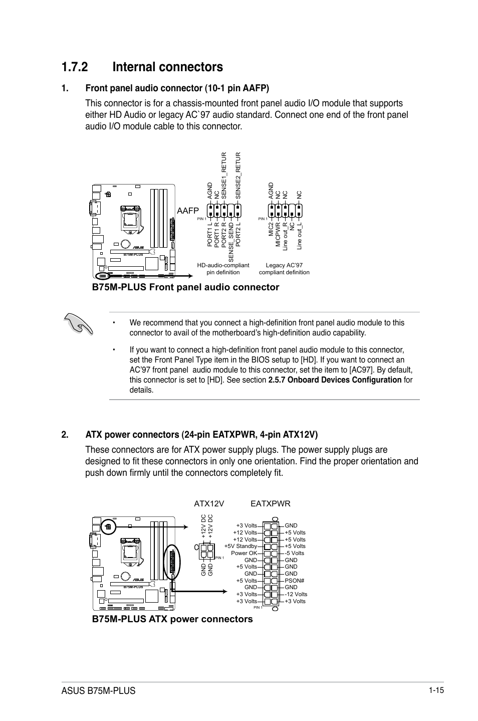 2 internal connectors, Asus b75m-plus, B75m-plus front panel audio connector | B75m-plus atx power connectors | Asus B75M-PLUS User Manual | Page 23 / 69