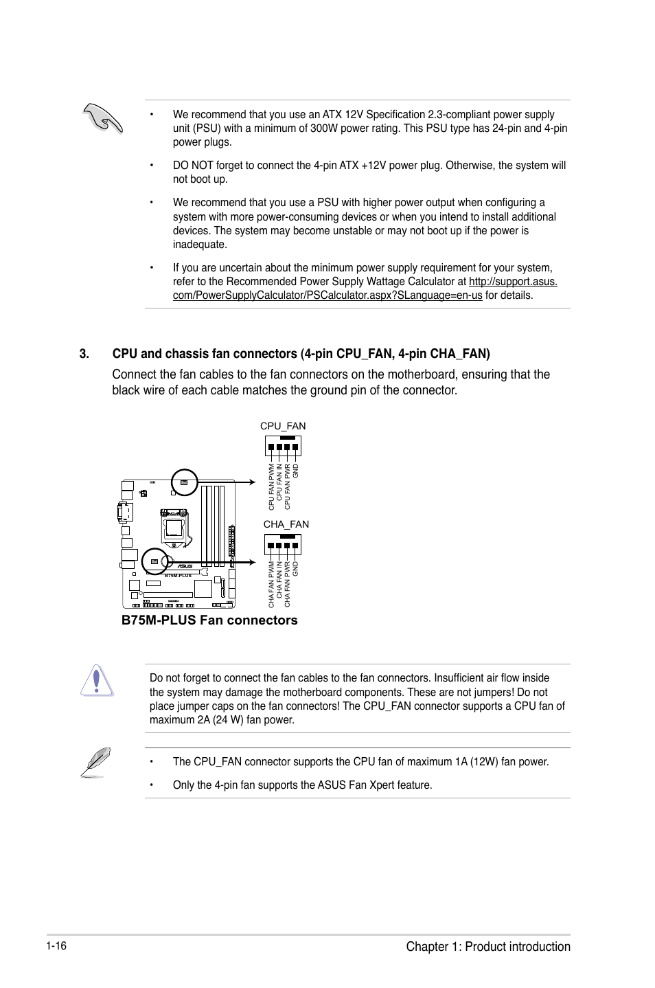 Chapter 1: product introduction, B75m-plus fan connectors | Asus B75M-PLUS User Manual | Page 24 / 69