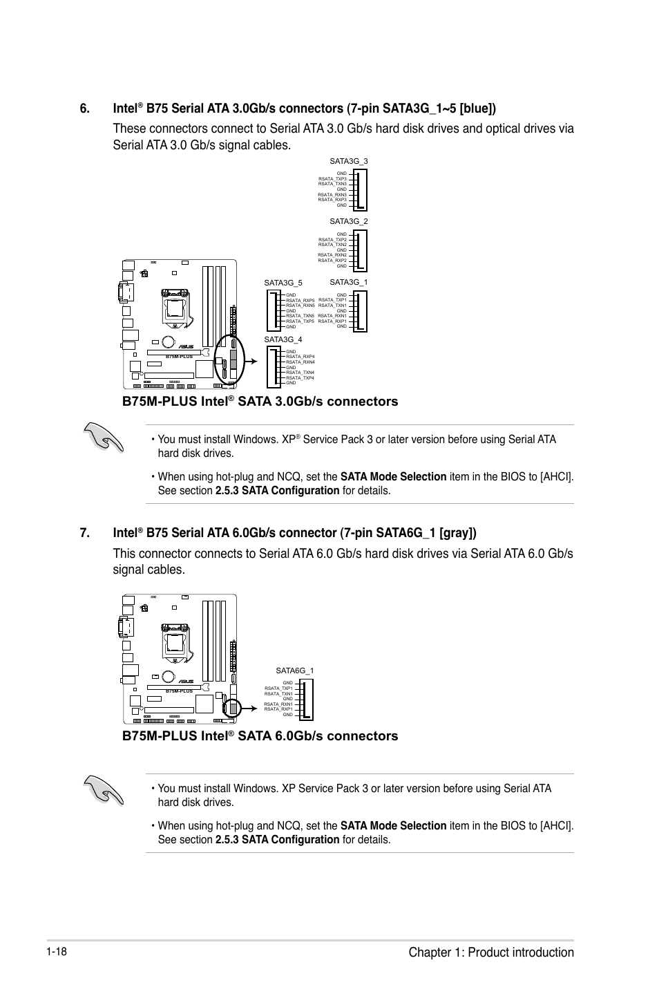 Chapter 1: product introduction 6. intel, Intel, B75m-plus intel | Sata 3.0gb/s connectors, Sata 6.0gb/s connectors, You must install windows. xp | Asus B75M-PLUS User Manual | Page 26 / 69