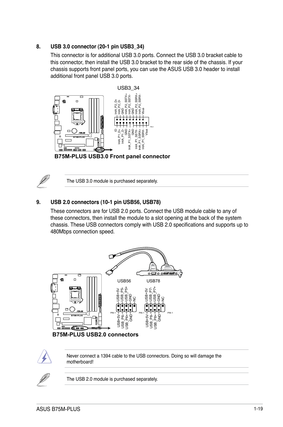 Asus b75m-plus, B75m-plus usb3.0 front panel connector, B75m-plus usb2.0 connectors | Usb3_34 | Asus B75M-PLUS User Manual | Page 27 / 69