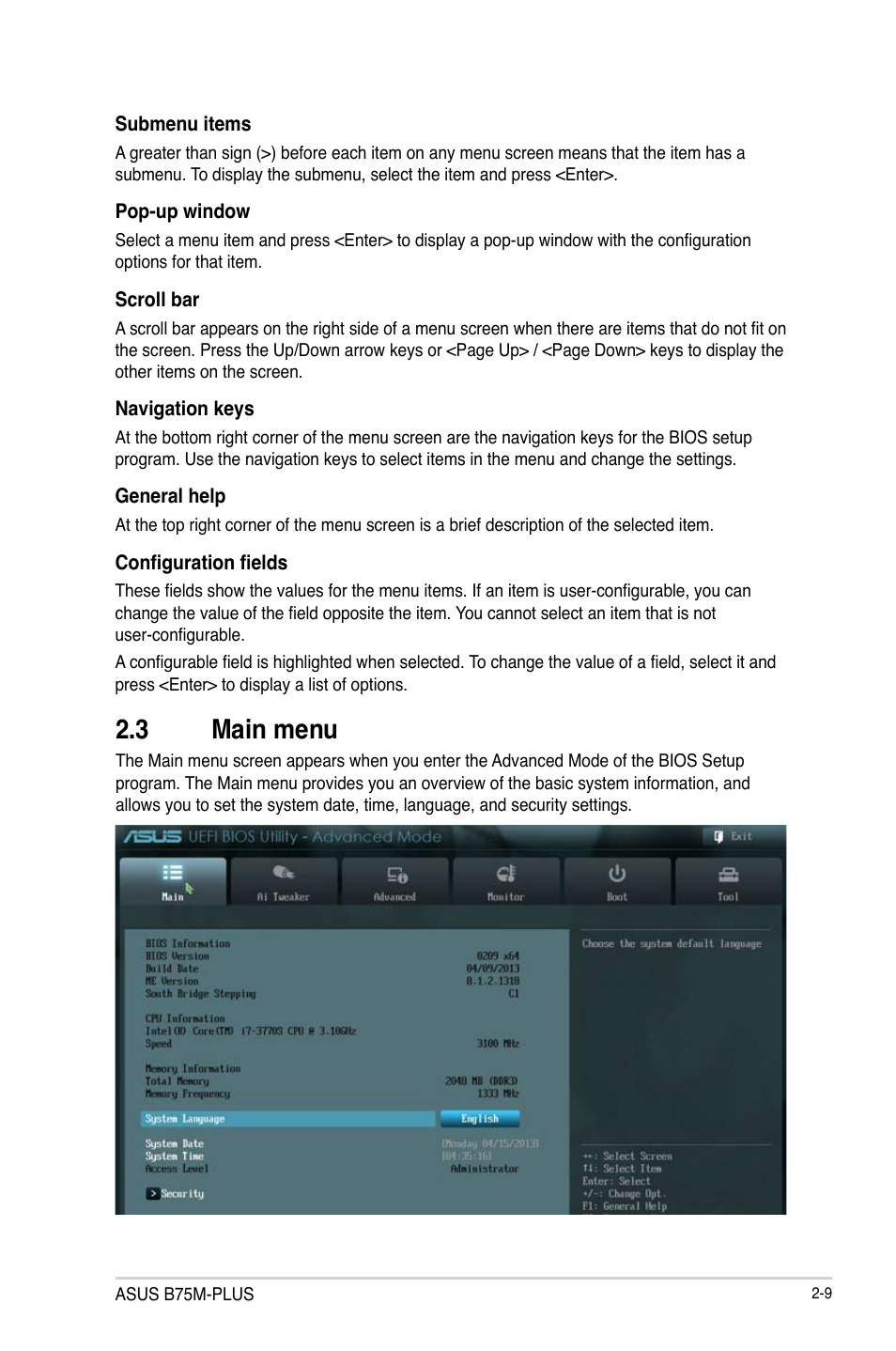 3 main menu, 3 main menu -9 | Asus B75M-PLUS User Manual | Page 39 / 69