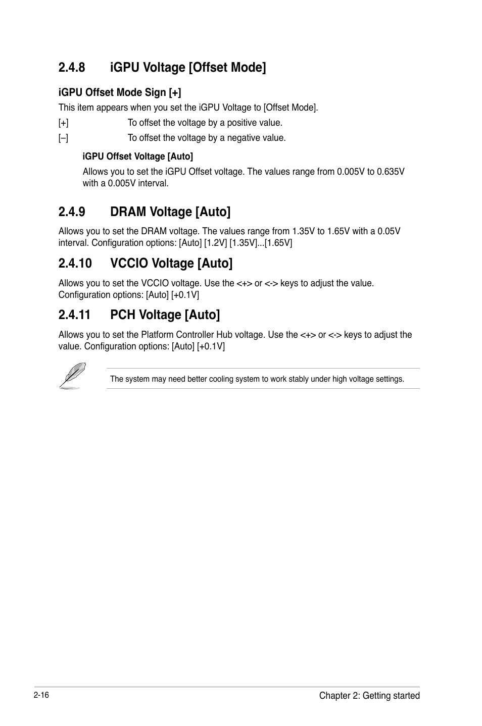 8 igpu voltage [offset mode, 9 dram voltage [auto, 10 vccio voltage [auto | 11 pch voltage [auto | Asus B75M-PLUS User Manual | Page 46 / 69