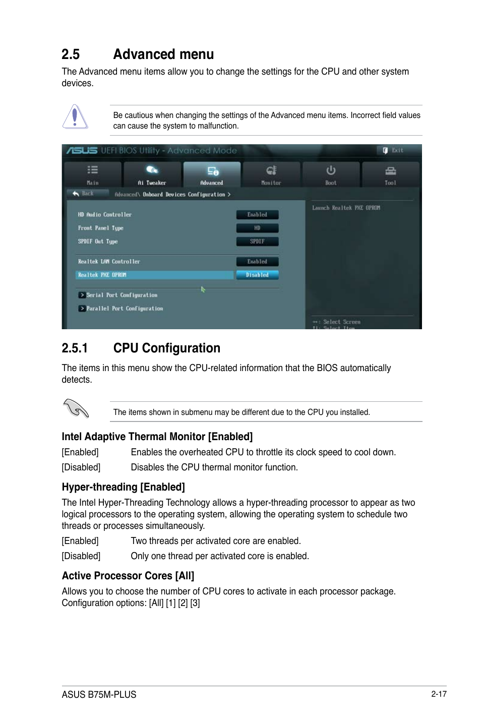 5 advanced menu, 5 advanced menu -17, 1 cpu configuration | Asus B75M-PLUS User Manual | Page 47 / 69