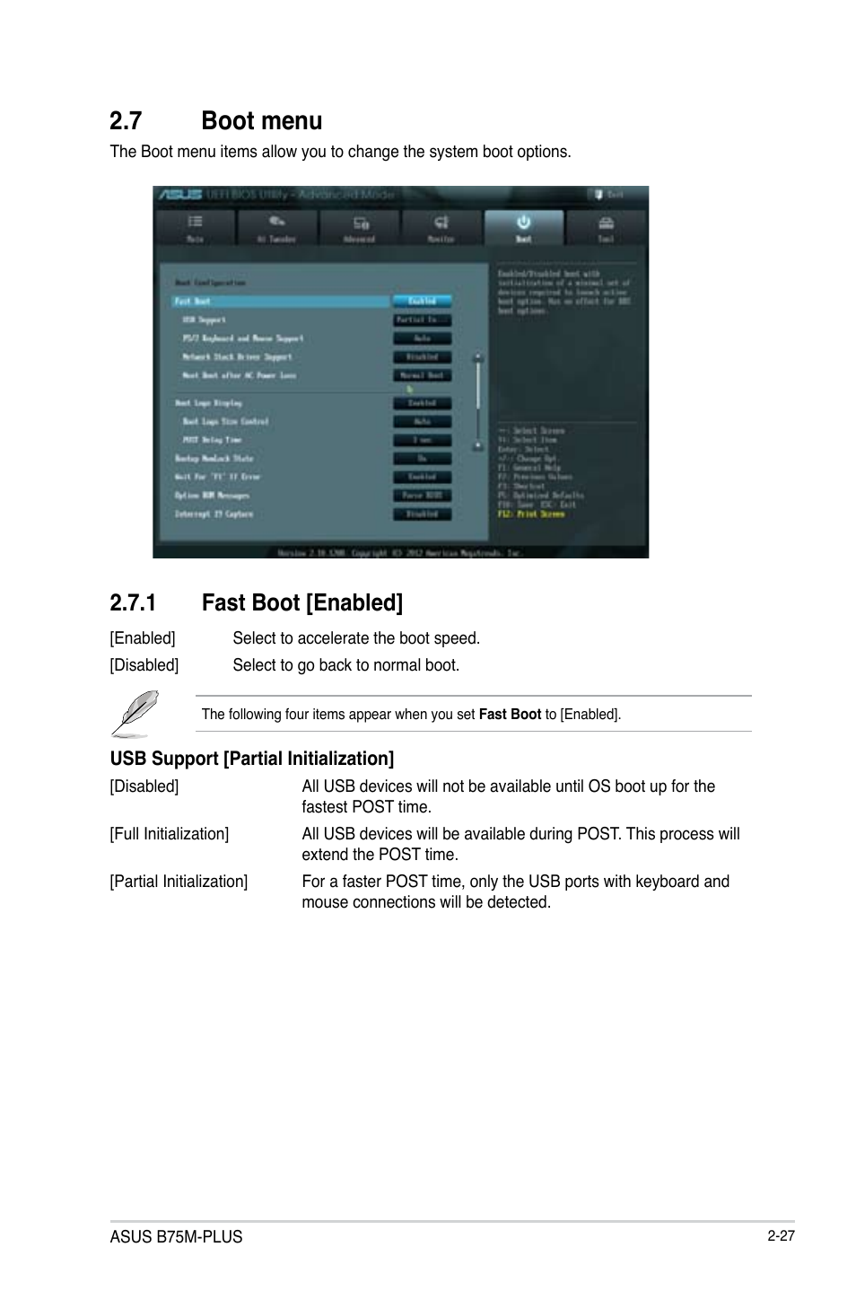 7 boot menu, 7 boot menu -27, 1 fast boot [enabled | Asus B75M-PLUS User Manual | Page 57 / 69