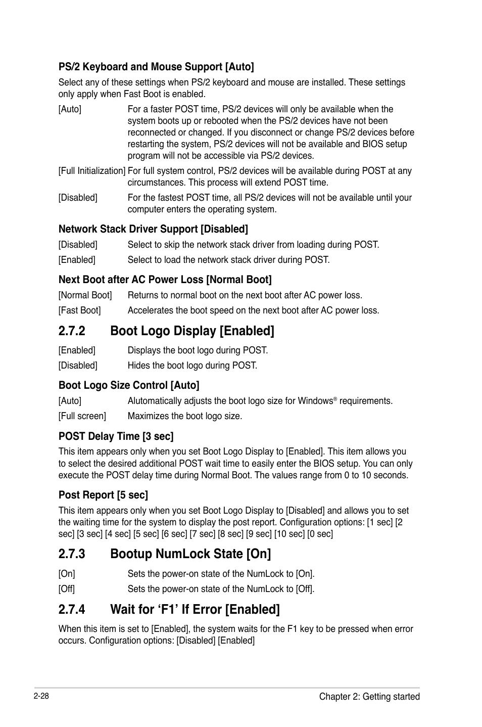 2 boot logo display [enabled, 3 bootup numlock state [on, 4 wait for ‘f1’ if error [enabled | Asus B75M-PLUS User Manual | Page 58 / 69