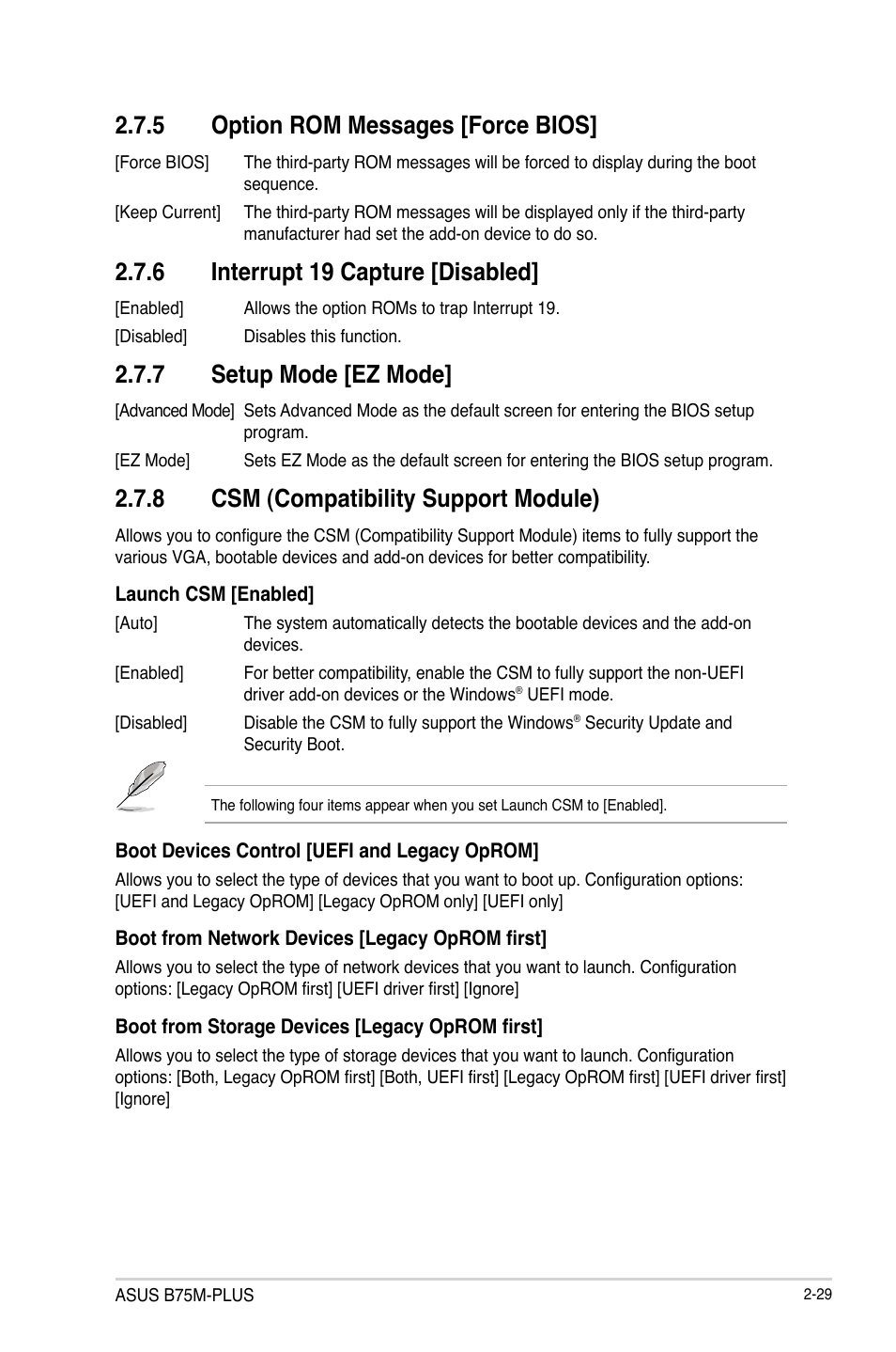 5 option rom messages [force bios, 6 interrupt 19 capture [disabled, 7 setup mode [ez mode | 8 csm (compatibility support module) | Asus B75M-PLUS User Manual | Page 59 / 69