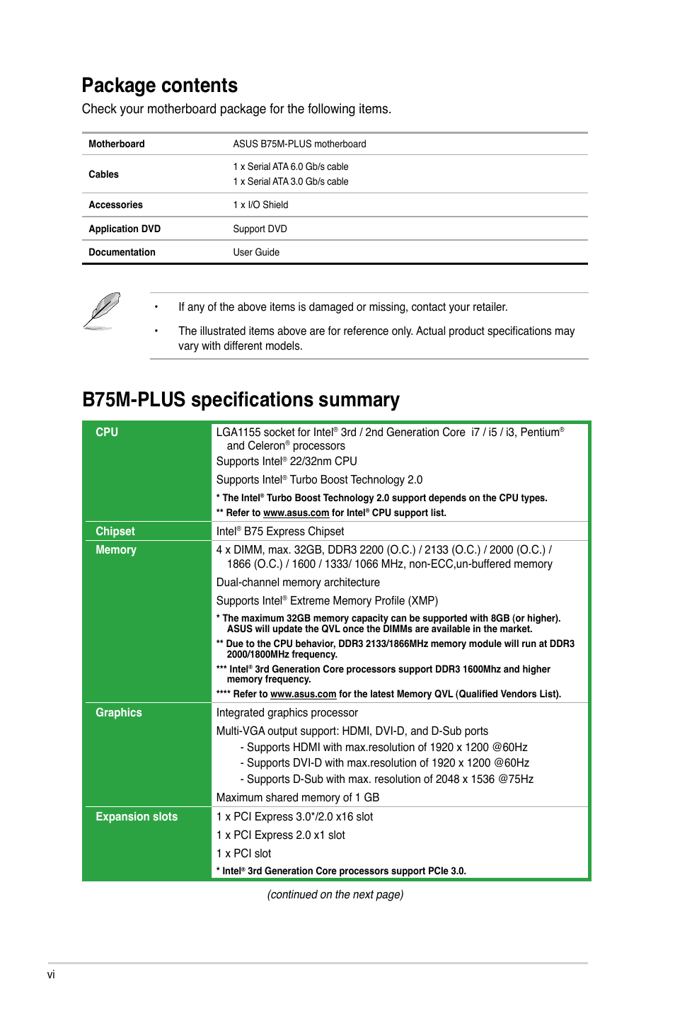 Package contents, B75m-plus specifications summary, B75m-plus specifications summary package contents | Asus B75M-PLUS User Manual | Page 6 / 69