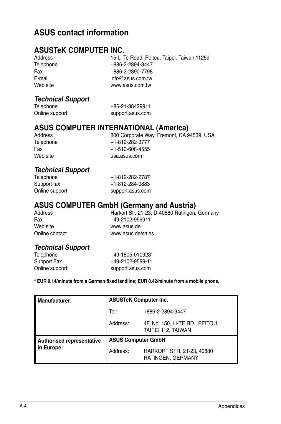 Asus contact information, Asustek computer inc, Asus computer international (america) | Asus computer gmbh (germany and austria), Technical support | Asus B75M-PLUS User Manual | Page 68 / 69