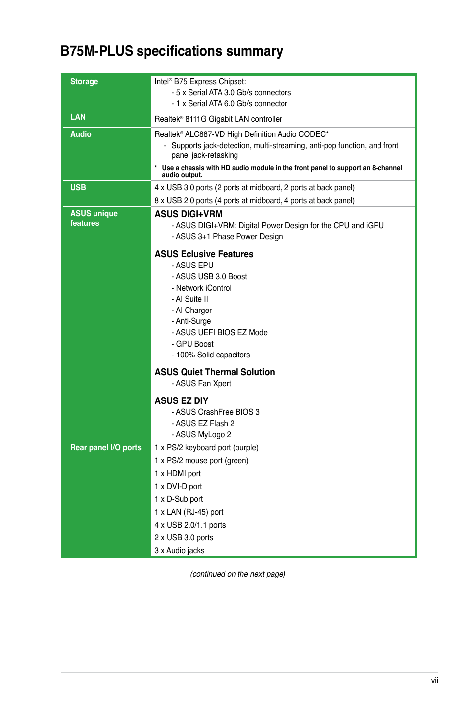 B75m-plus specifications summary | Asus B75M-PLUS User Manual | Page 7 / 69