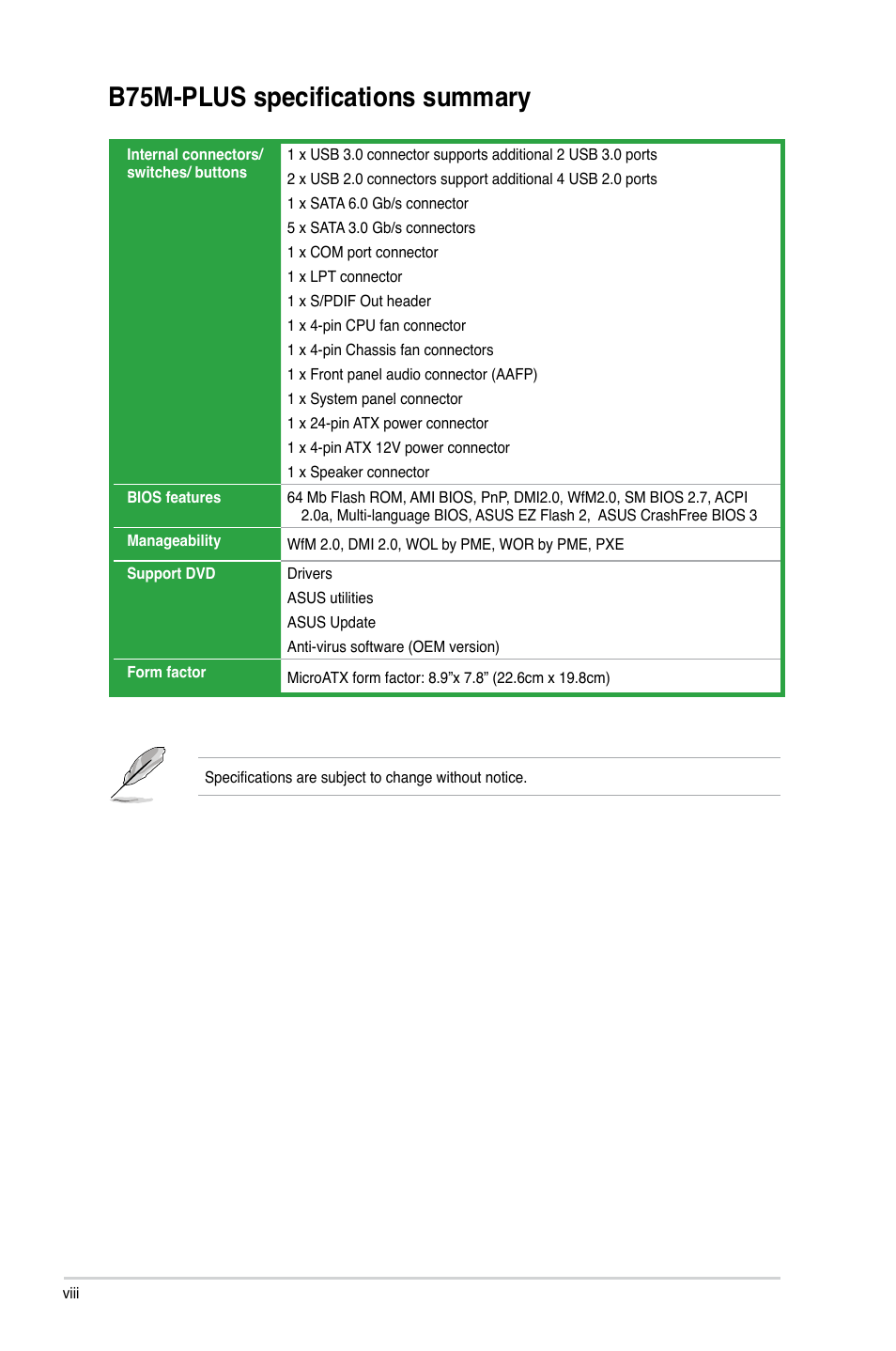B75m-plus specifications summary | Asus B75M-PLUS User Manual | Page 8 / 69