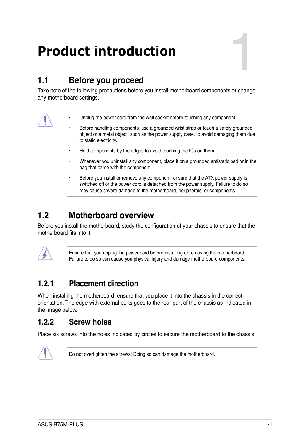 Chapter 1: product introduction, 1 before you proceed, 2 motherboard overview | Product introduction | Asus B75M-PLUS User Manual | Page 9 / 69