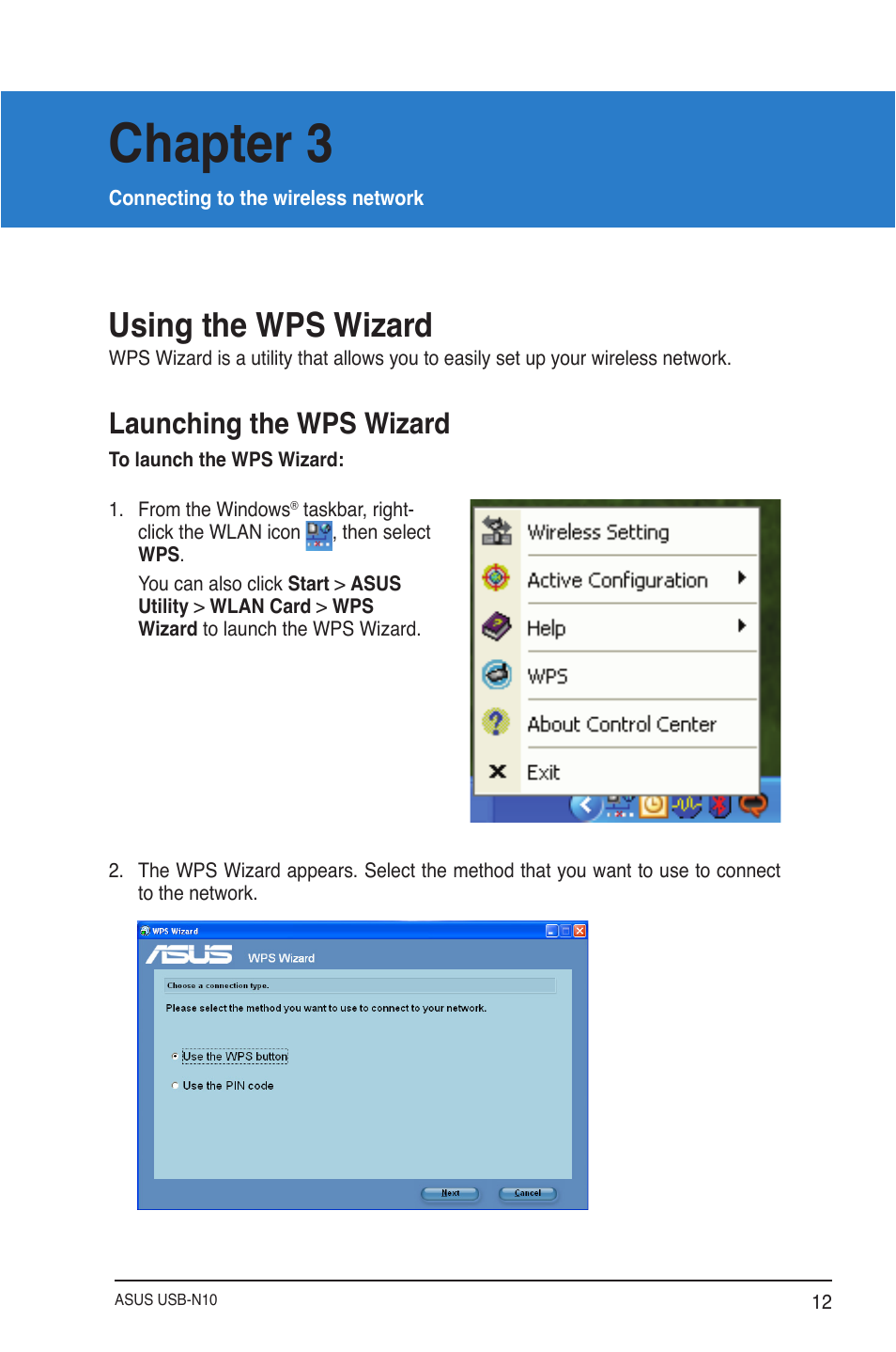 Chapter 3: connecting to the wireless network, Using the wps wizard, Launching the wps wizard | Connecting to the wireless network, Chapter 3 | Asus USB-N10 User Manual | Page 12 / 46