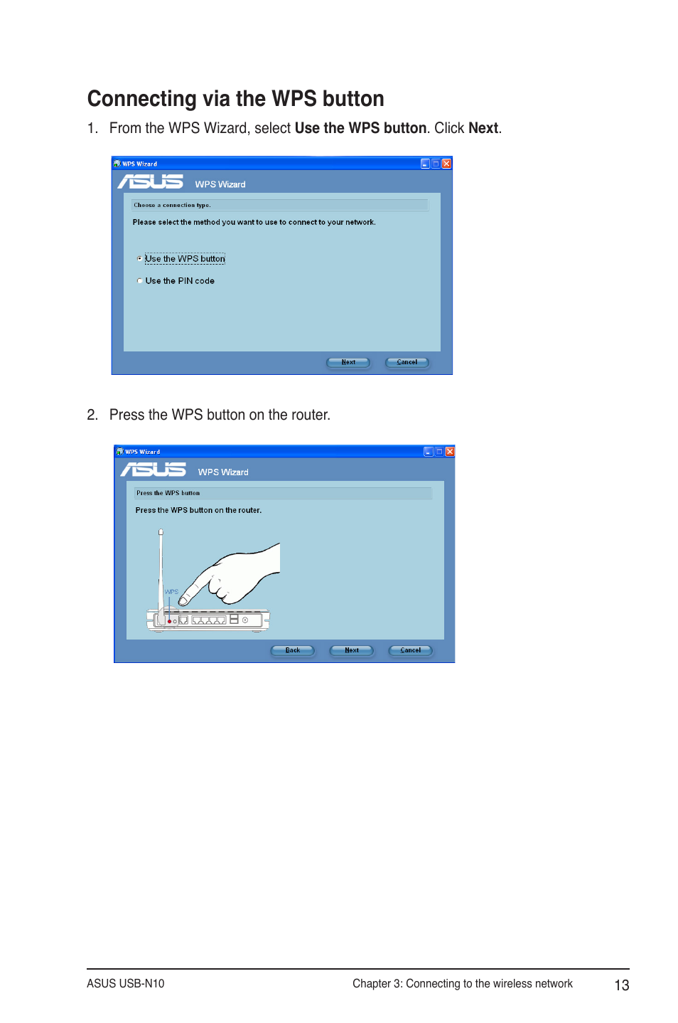 Connecting via the wps button | Asus USB-N10 User Manual | Page 13 / 46