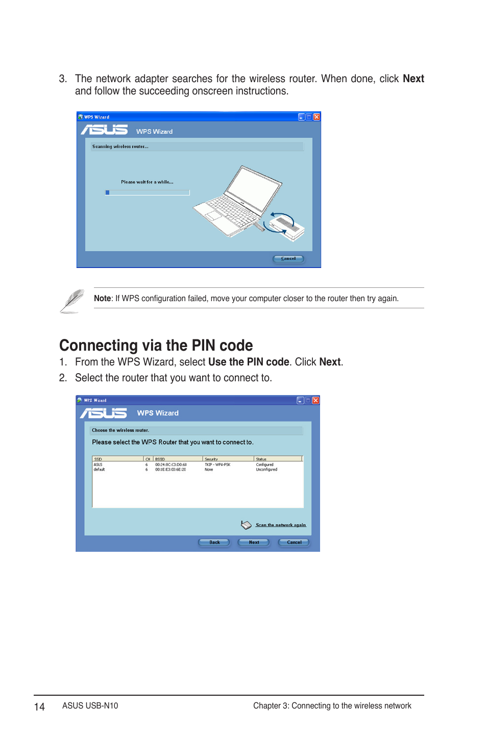 Connecting via the pin code | Asus USB-N10 User Manual | Page 14 / 46