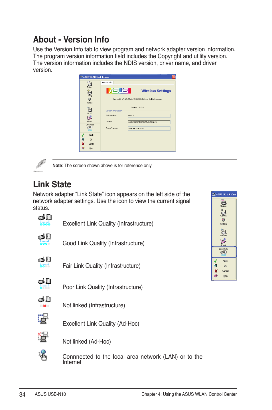 About - version info, Link state, About - version info link state | Asus USB-N10 User Manual | Page 34 / 46