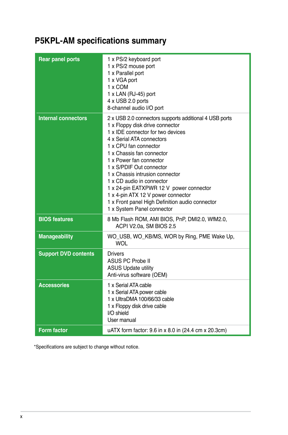 P5kpl-am specifications summary | Asus P5KPL-AM/PS User Manual | Page 10 / 62
