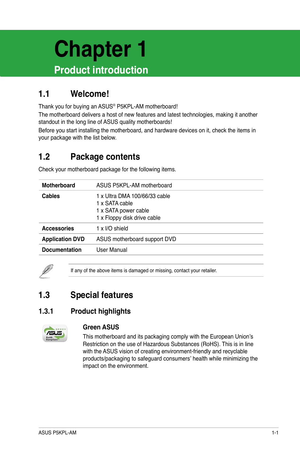 1 welcome, 2 package contents, 3 special features | 1 product highlights, Welcome! -1, Package contents -1, Special features -1, 1 product highlights -1, Chapter 1, Product introduction | Asus P5KPL-AM/PS User Manual | Page 11 / 62